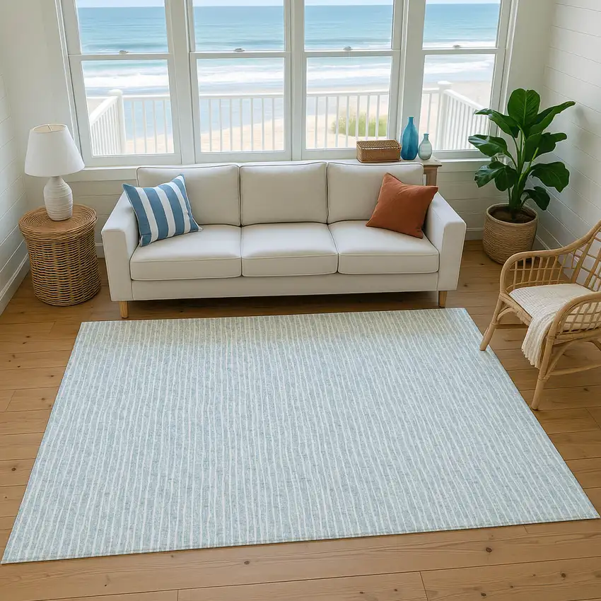 Sky Blue And Ivory Striped Washable Area Rug With UV Protection Photo 6