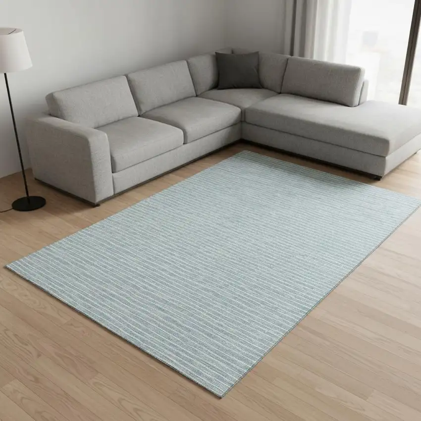 Sky Blue And Ivory Striped Washable Area Rug With UV Protection Photo 1