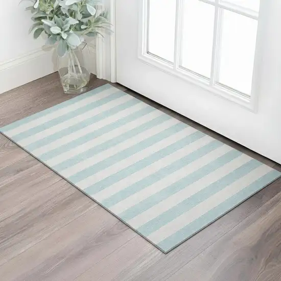 Sky Blue And Ivory Striped Washable Area Rug With UV Protection Photo 1