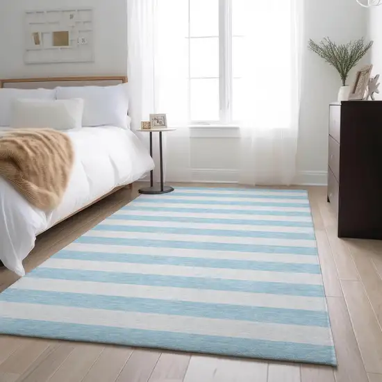 Sky Blue And Ivory Striped Washable Area Rug With UV Protection Photo 5