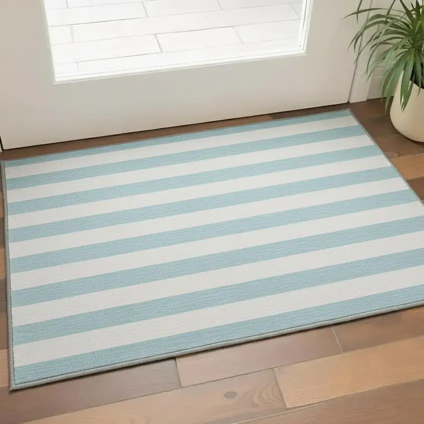 Sky Blue And Ivory Striped Washable Area Rug With UV Protection Photo 2