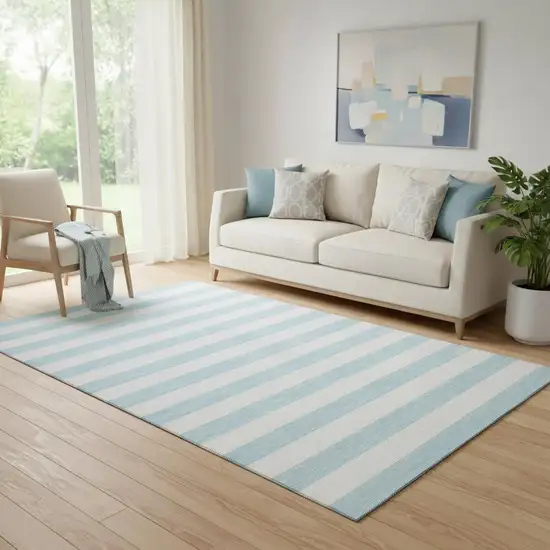 Sky Blue And Ivory Striped Washable Area Rug With UV Protection Photo 1