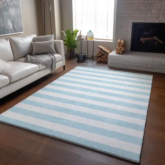 Sky Blue And Ivory Striped Washable Area Rug With UV Protection Photo 5