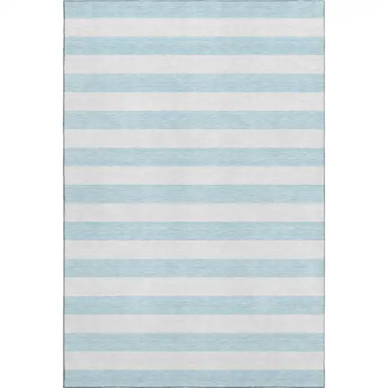 Sky Blue And Ivory Striped Washable Area Rug With UV Protection Photo 1