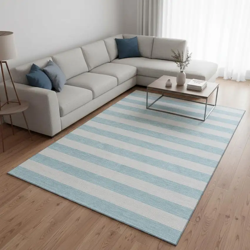 Sky Blue And Ivory Striped Washable Area Rug With UV Protection Photo 2