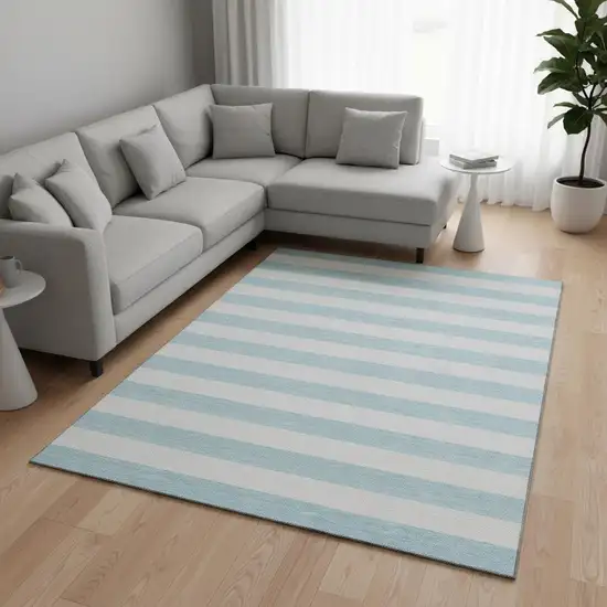 Sky Blue And Ivory Striped Washable Area Rug With UV Protection Photo 1