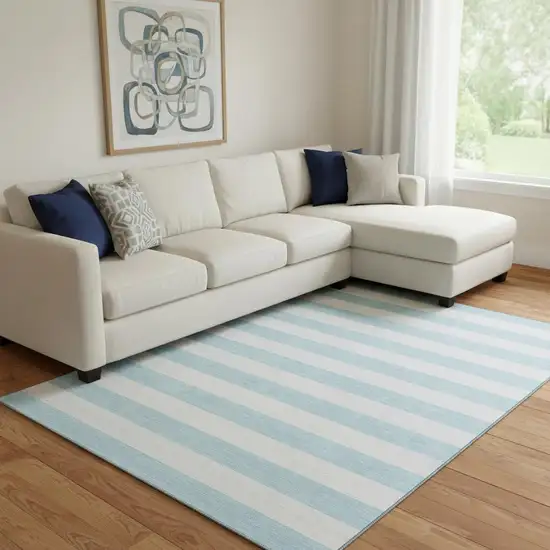 Sky Blue And Ivory Striped Washable Area Rug With UV Protection Photo 1