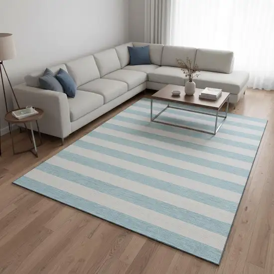 Sky Blue And Ivory Striped Washable Area Rug With UV Protection Photo 2