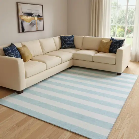 Sky Blue And Ivory Striped Washable Area Rug With UV Protection Photo 1