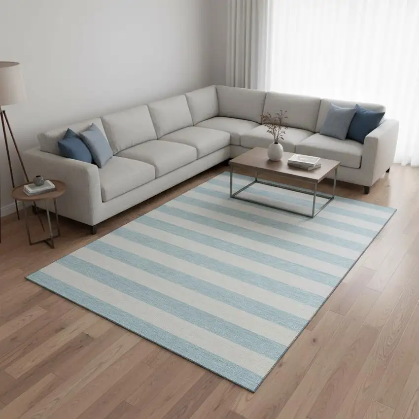 Sky Blue And Ivory Striped Washable Area Rug With UV Protection Photo 2
