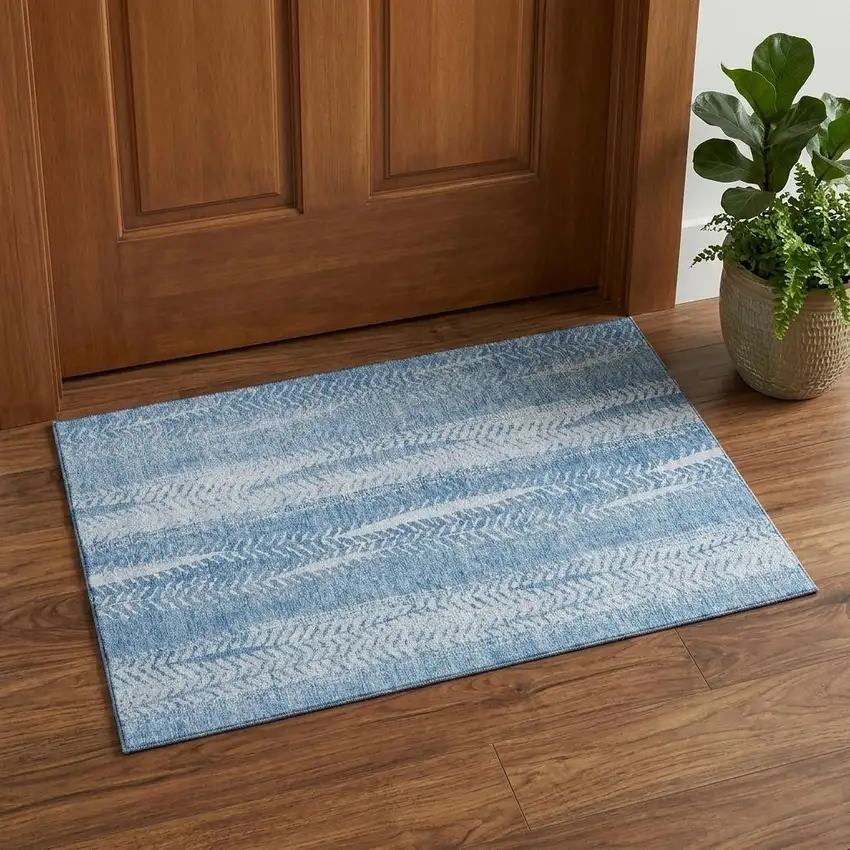 Sky Blue And Ivory Striped Washable Area Rug With UV Protection Photo 1