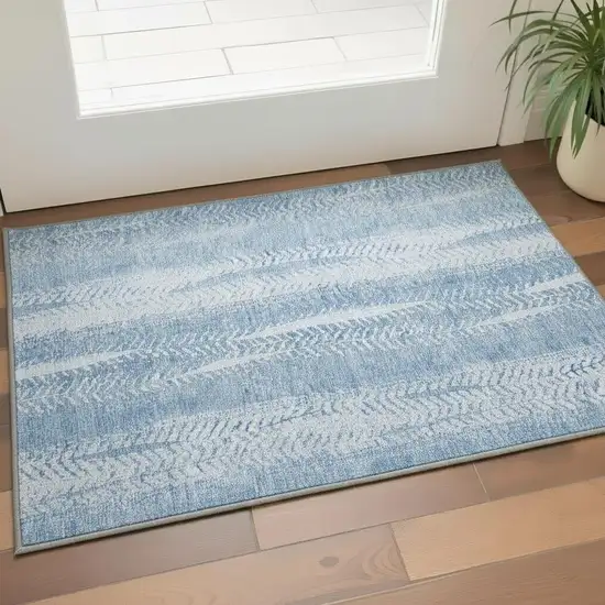 Sky Blue And Ivory Striped Washable Area Rug With UV Protection Photo 2