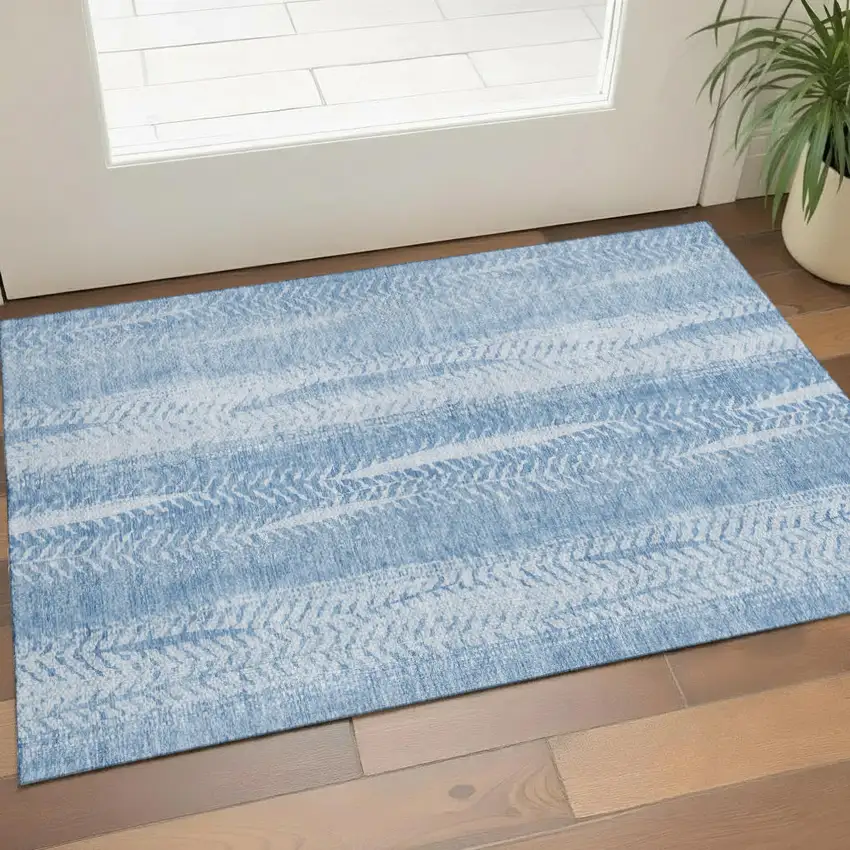 Sky Blue And Ivory Striped Washable Area Rug With UV Protection Photo 1