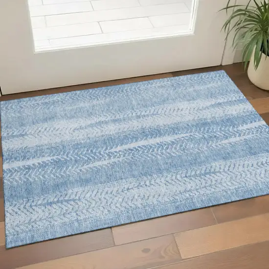 Sky Blue And Ivory Striped Washable Area Rug With UV Protection Photo 1