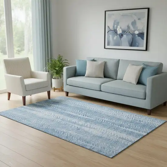 Sky Blue And Ivory Striped Washable Area Rug With UV Protection Photo 1