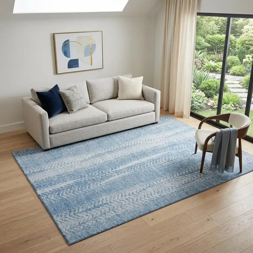 Sky Blue And Ivory Striped Washable Area Rug With UV Protection Photo 1