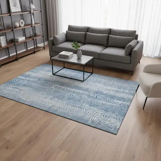 Sky Blue And Ivory Striped Washable Area Rug With UV Protection Photo 1