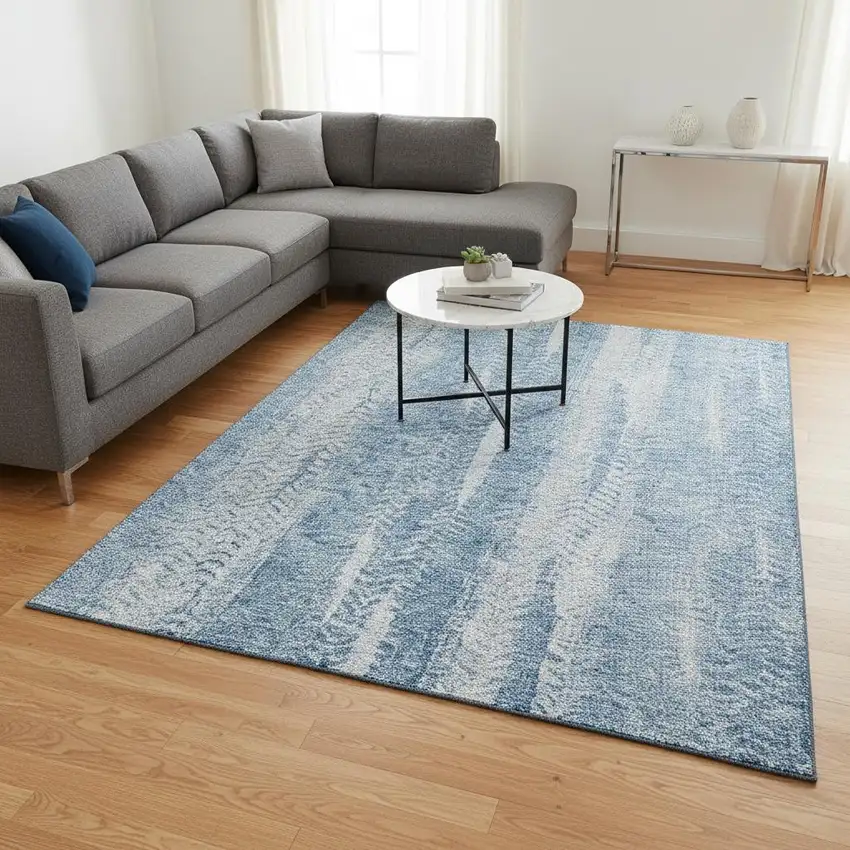 Sky Blue And Ivory Striped Washable Area Rug With UV Protection Photo 3