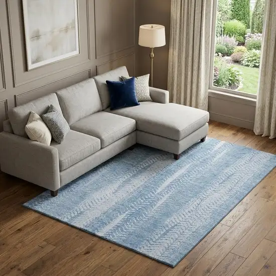 Sky Blue And Ivory Striped Washable Area Rug With UV Protection Photo 1