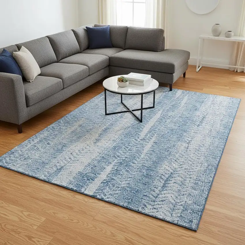 Sky Blue And Ivory Striped Washable Area Rug With UV Protection Photo 1