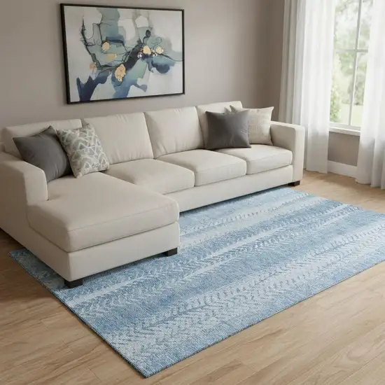 Sky Blue And Ivory Striped Washable Area Rug With UV Protection Photo 1