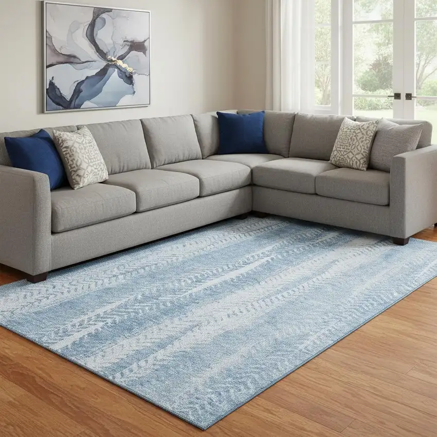 Sky Blue And Ivory Striped Washable Area Rug With UV Protection Photo 1