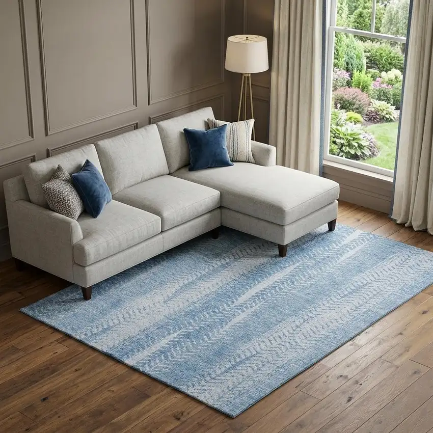 Sky Blue And Ivory Striped Washable Area Rug With UV Protection Photo 1