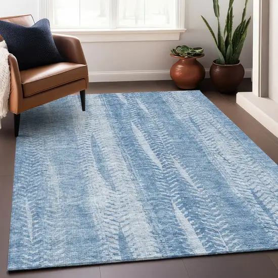 Sky Blue And Ivory Striped Washable Area Rug With UV Protection Photo 9
