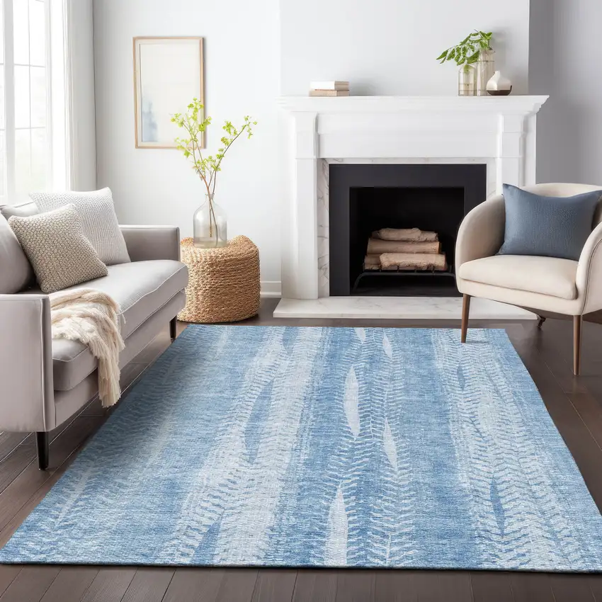 Sky Blue And Ivory Striped Washable Area Rug With UV Protection Photo 8
