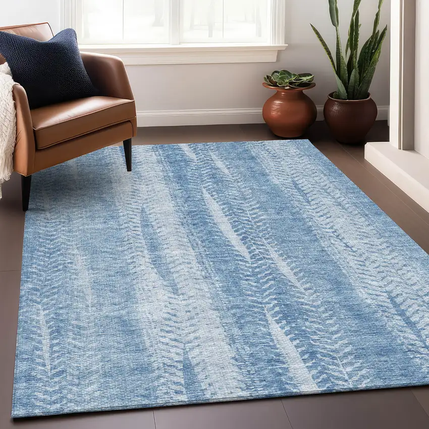 Sky Blue And Ivory Striped Washable Area Rug With UV Protection Photo 7