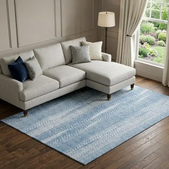 Sky Blue And Ivory Striped Washable Area Rug With UV Protection Photo 1