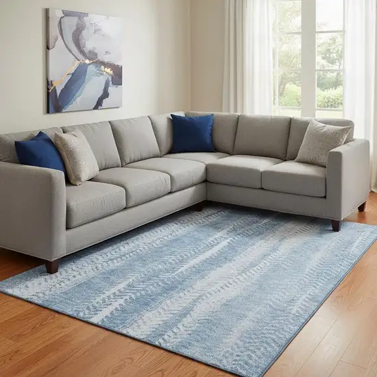 Sky Blue And Ivory Striped Washable Area Rug With UV Protection Photo 1