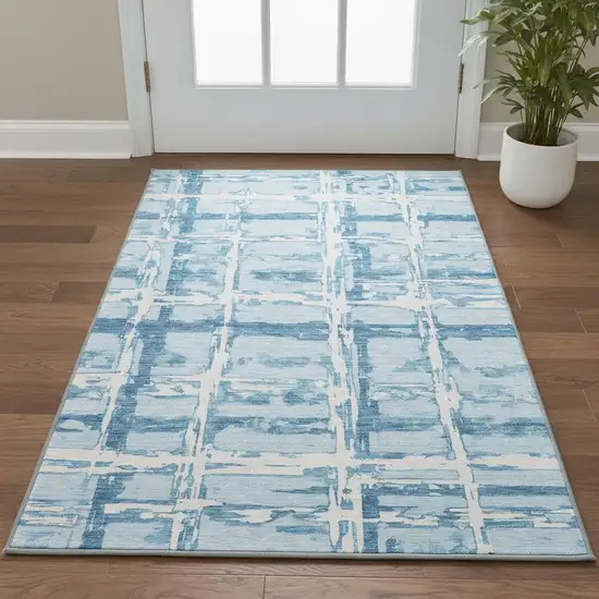 Sky Blue And Ivory Striped Washable Area Rug With UV Protection Photo 2