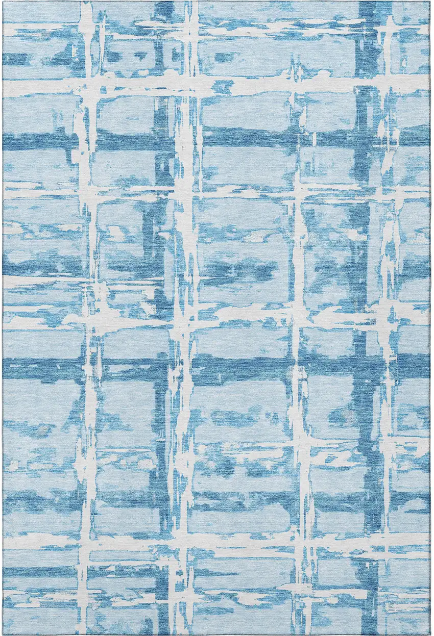 Sky Blue And Ivory Striped Washable Area Rug With UV Protection Photo 4