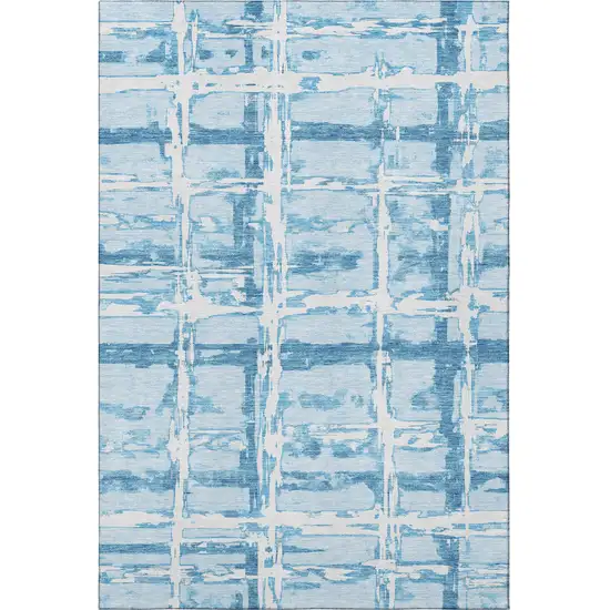 Sky Blue And Ivory Striped Washable Area Rug With UV Protection Photo 4