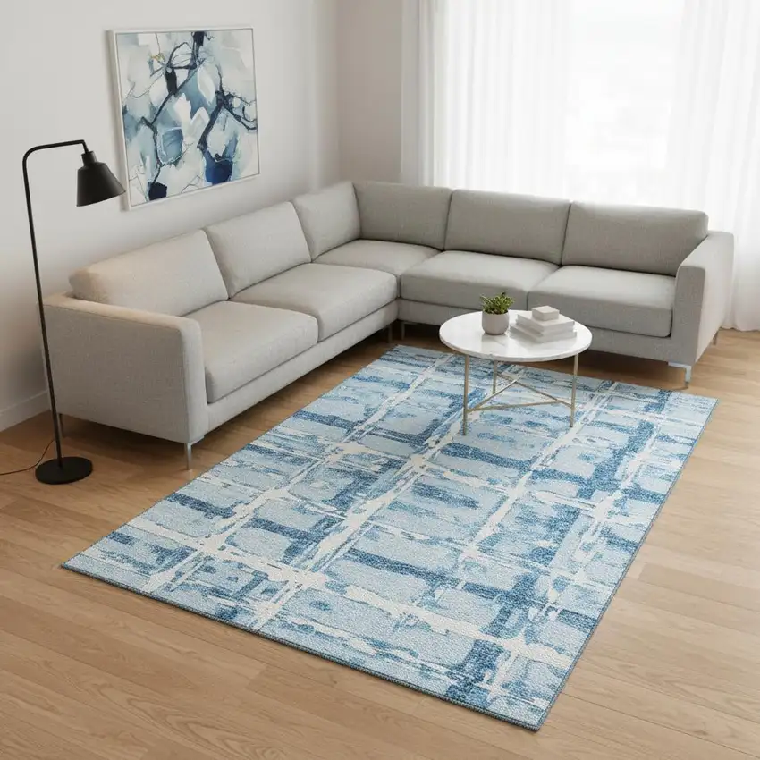 Sky Blue And Ivory Striped Washable Area Rug With UV Protection Photo 2