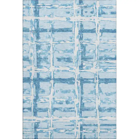 Sky Blue And Ivory Striped Washable Area Rug With UV Protection Photo 1