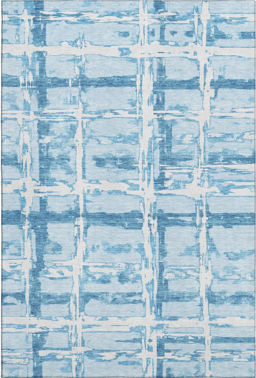Sky Blue And Ivory Striped Washable Area Rug With UV Protection Photo 1