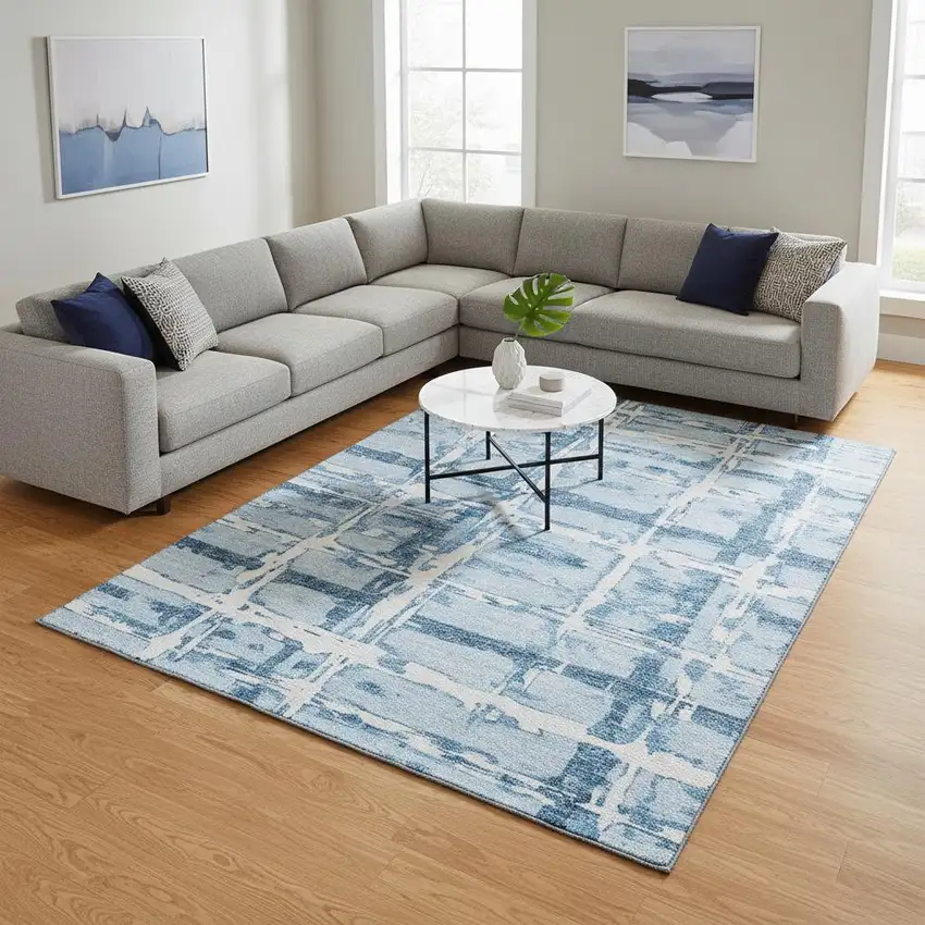 Sky Blue And Ivory Striped Washable Area Rug With UV Protection Photo 2