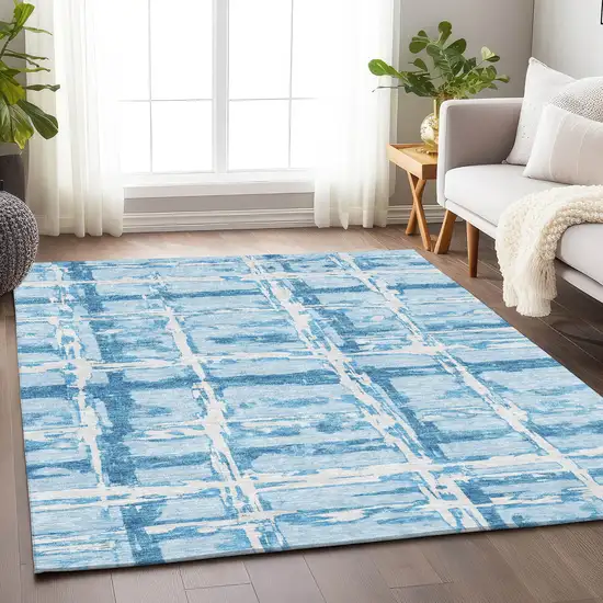 Sky Blue And Ivory Striped Washable Area Rug With UV Protection Photo 5