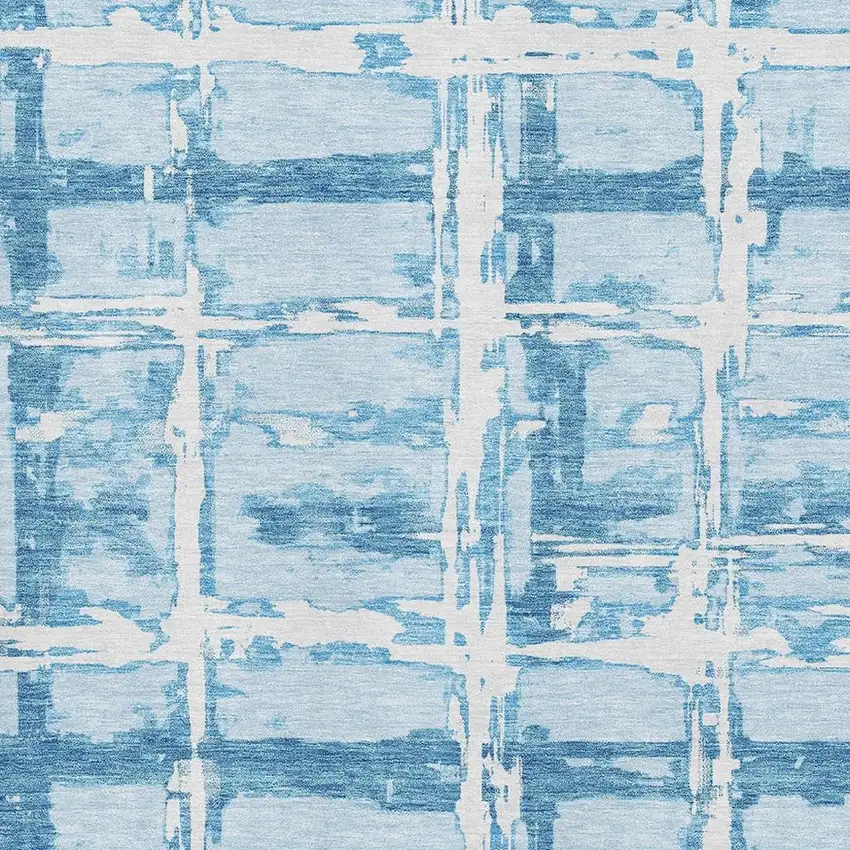 Sky Blue And Ivory Striped Washable Area Rug With UV Protection Photo 3