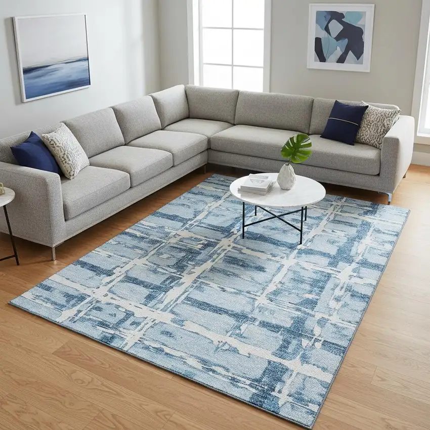 Sky Blue And Ivory Striped Washable Area Rug With UV Protection Photo 2