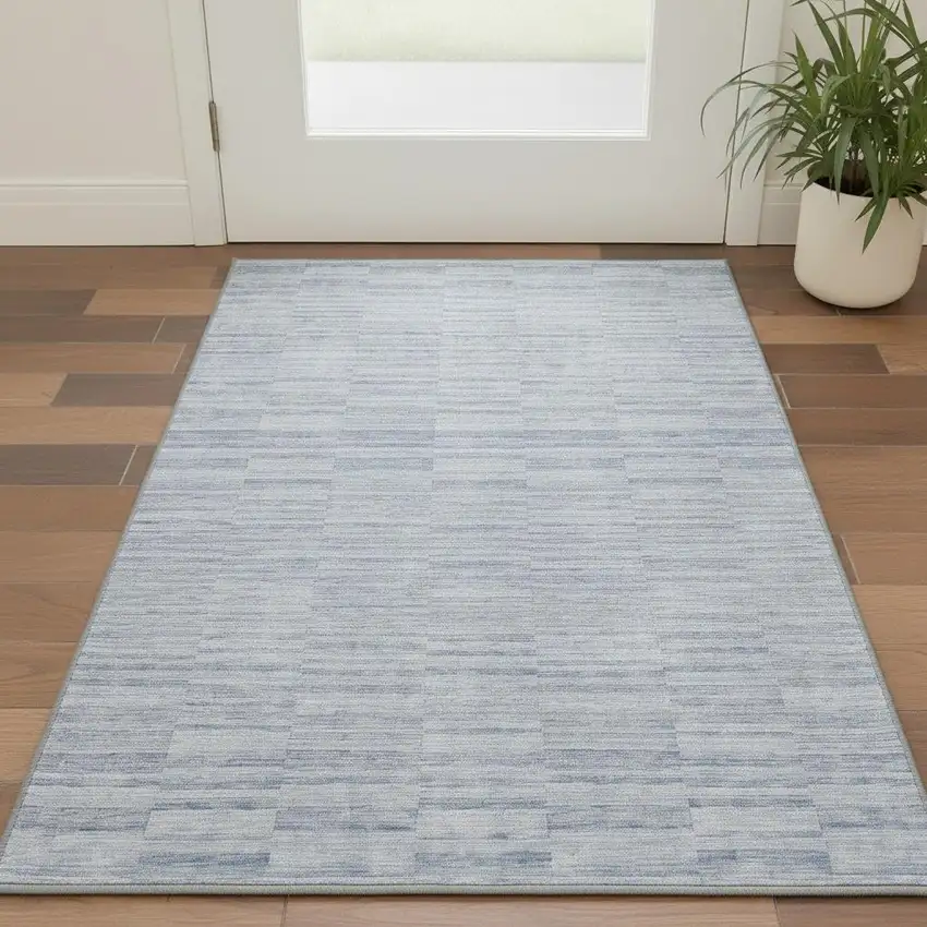 Sky Blue And Ivory Striped Washable Area Rug With UV Protection Photo 2