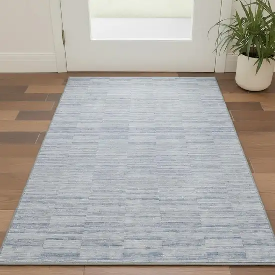 Sky Blue And Ivory Striped Washable Area Rug With UV Protection Photo 2