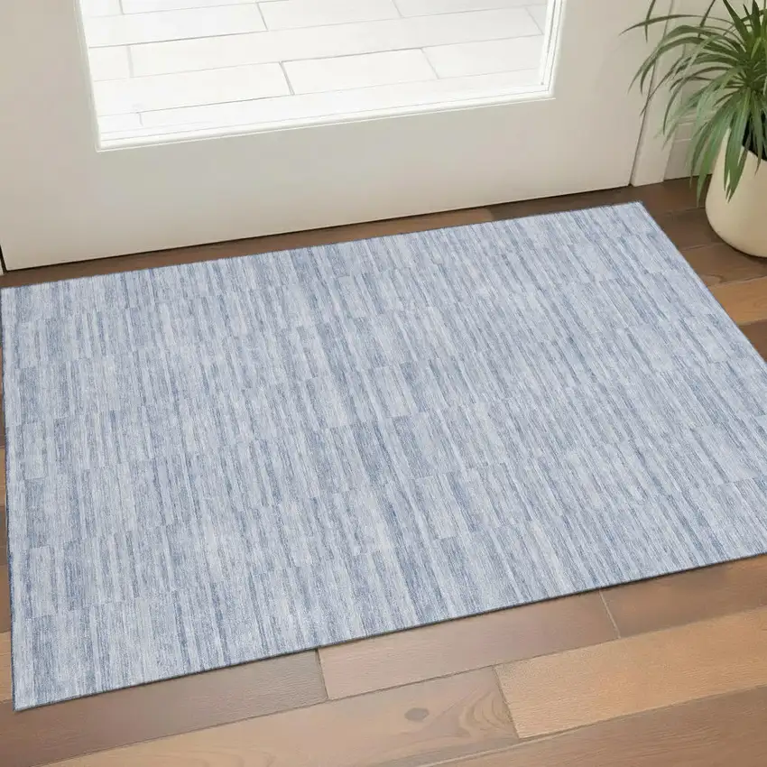 Sky Blue And Ivory Striped Washable Area Rug With UV Protection Photo 1