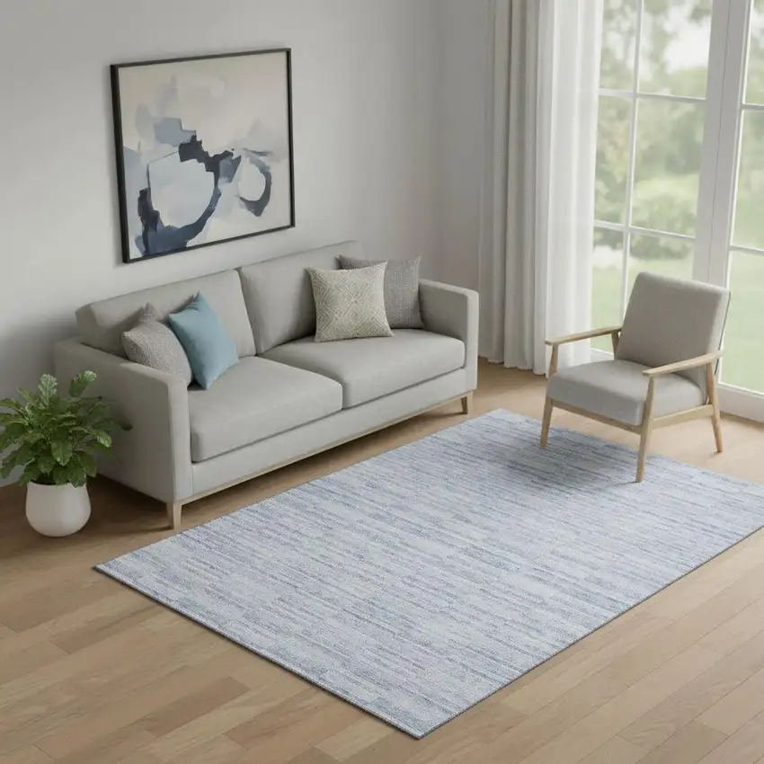 Sky Blue And Ivory Striped Washable Area Rug With UV Protection Photo 1