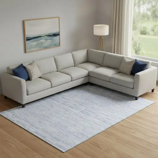 Sky Blue And Ivory Striped Washable Area Rug With UV Protection Photo 1