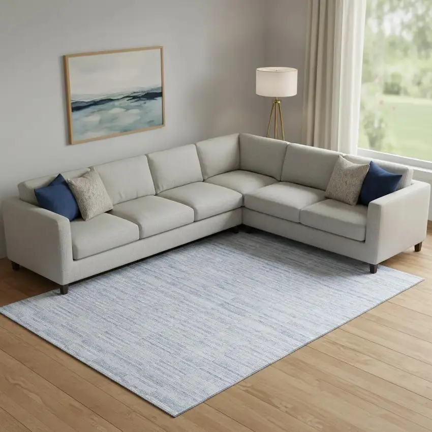 Sky Blue And Ivory Striped Washable Area Rug With UV Protection Photo 1