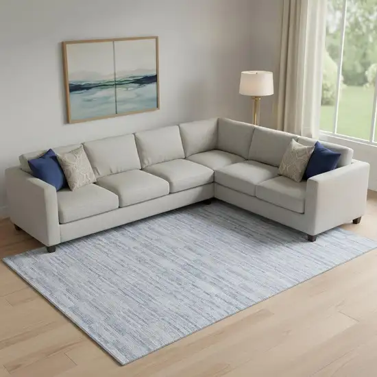 Sky Blue And Ivory Striped Washable Area Rug With UV Protection Photo 1