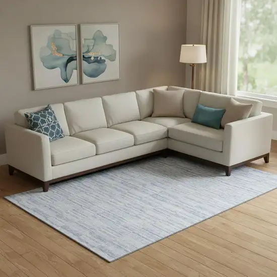 Sky Blue And Ivory Striped Washable Area Rug With UV Protection Photo 1